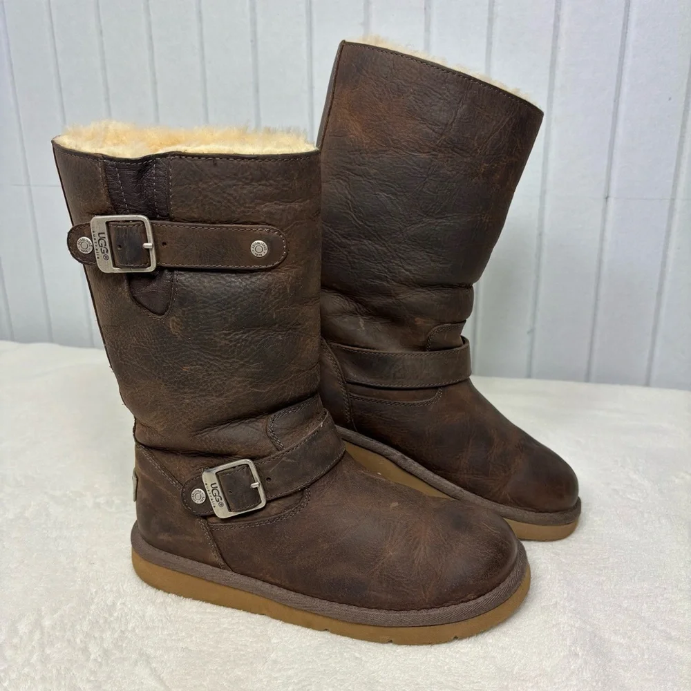 UGG Brown‎ Chocolate Leather Boots with Buckle Size 5